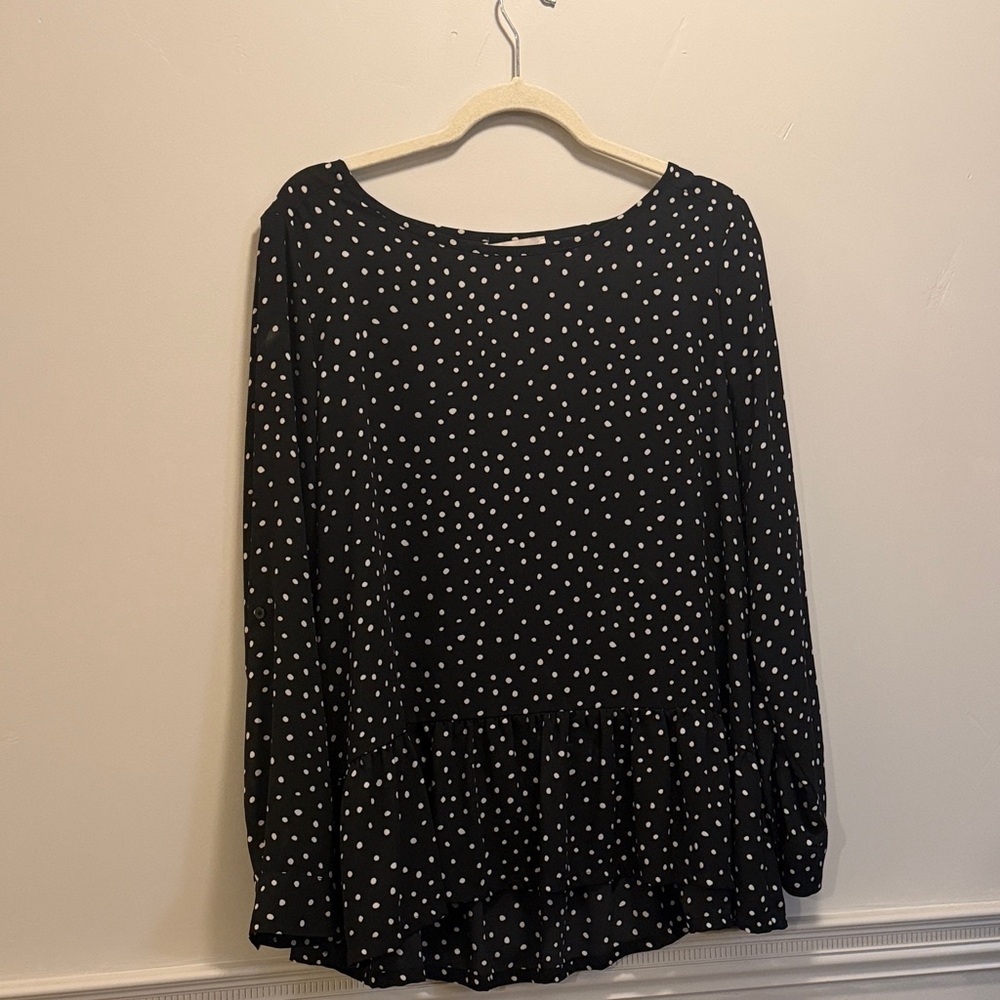 LOFT Black Blouse with White Dots